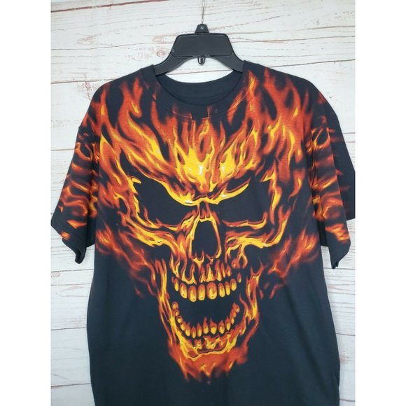 Liquid Blue Flaming Skull Halloween Black Orange Flame PreShrunk Cotton T Shirt - Picture 2 of 10